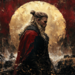 A viking man with long hair and a red cape