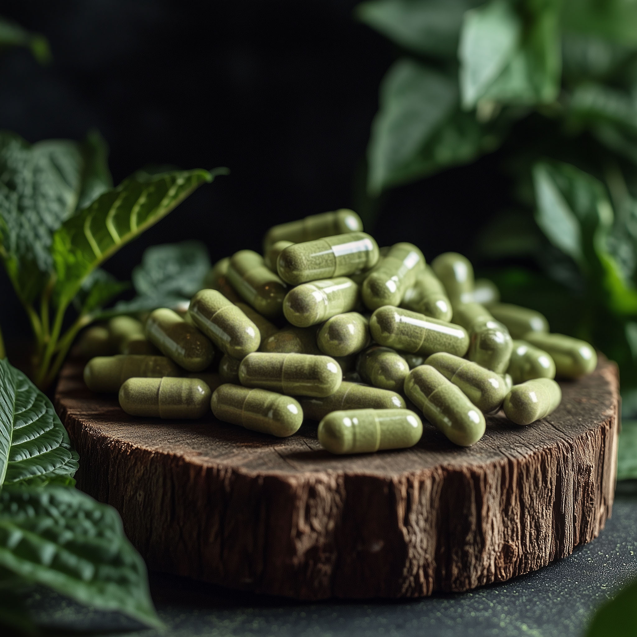 A stack of green kratom capsules displayed on a wooden platform, surrounded by lush green leaves against a dark background