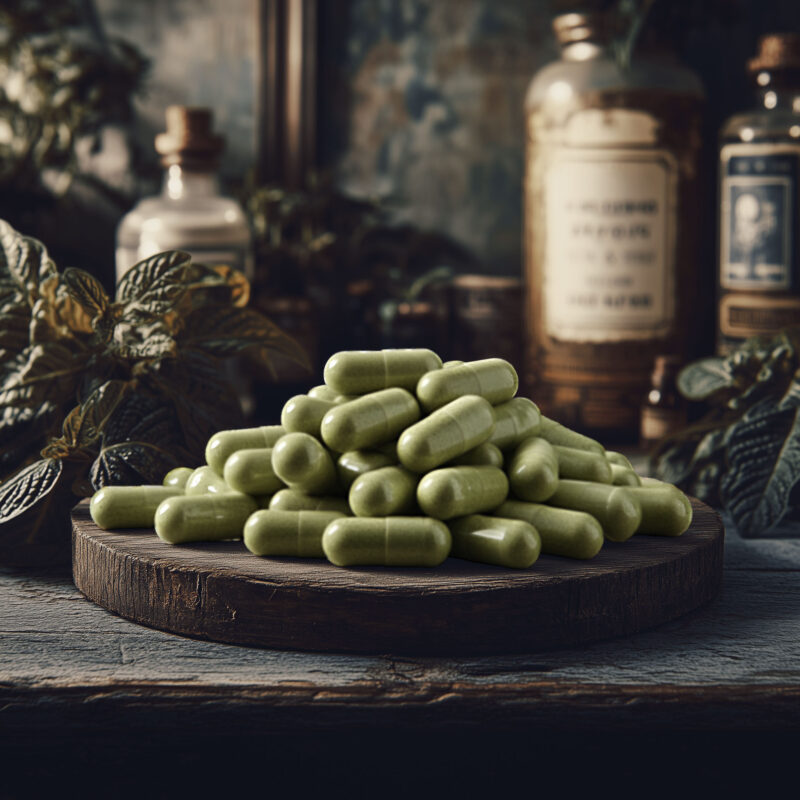 A pile of green kratom capsules on a rustic wooden surface, surrounded by vintage apothecary jars and plants