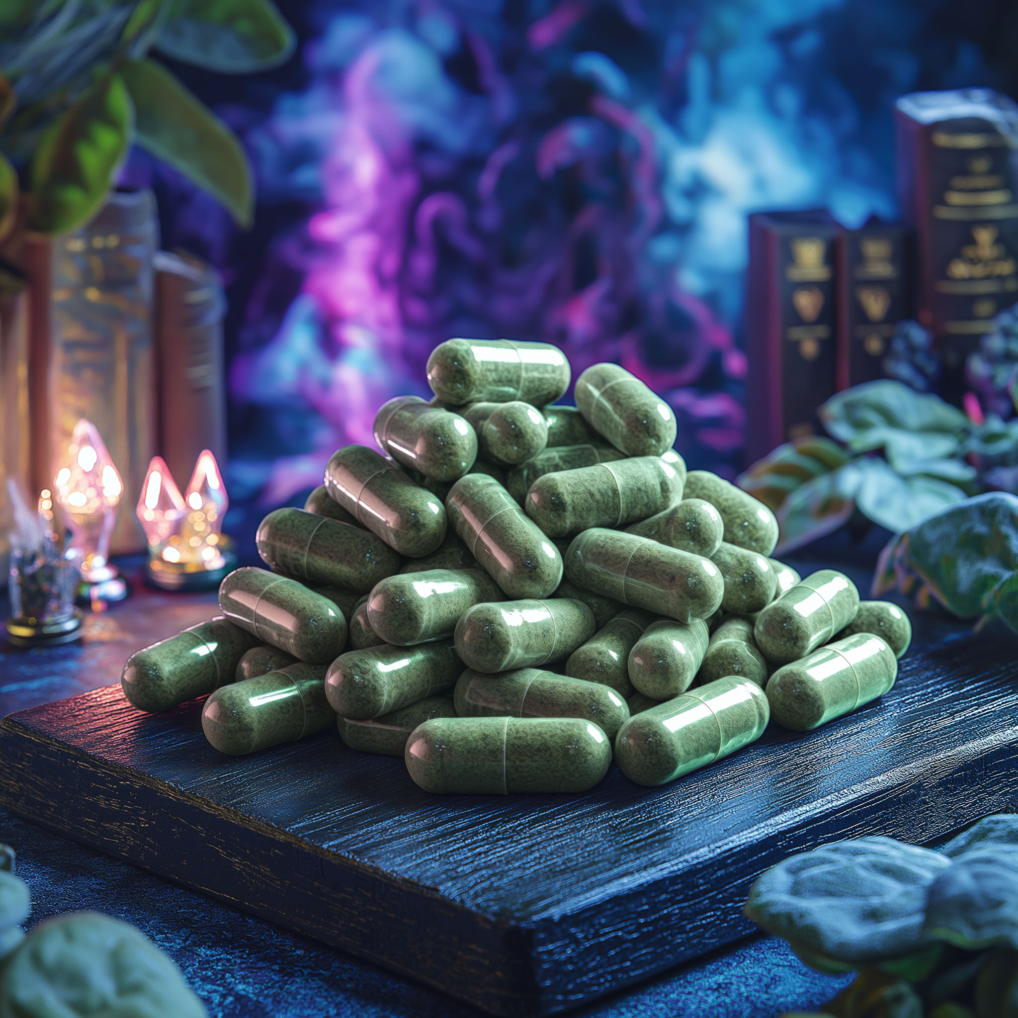 A pile of green kratom capsules on a dark wooden platform surrounded by mystical elements like glowing lights, lush green leaves, and a smoky purple and blue background