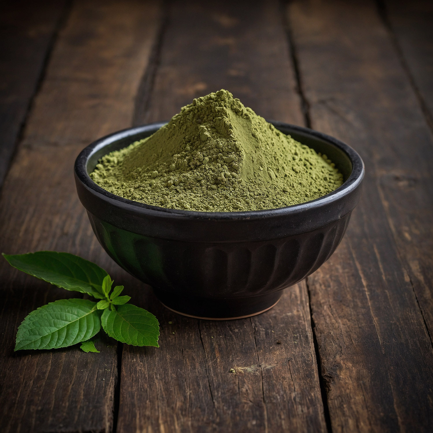 White Borneo kratom powder in a black ceramic bowl with green leaves resting beside it on a rustic wooden table