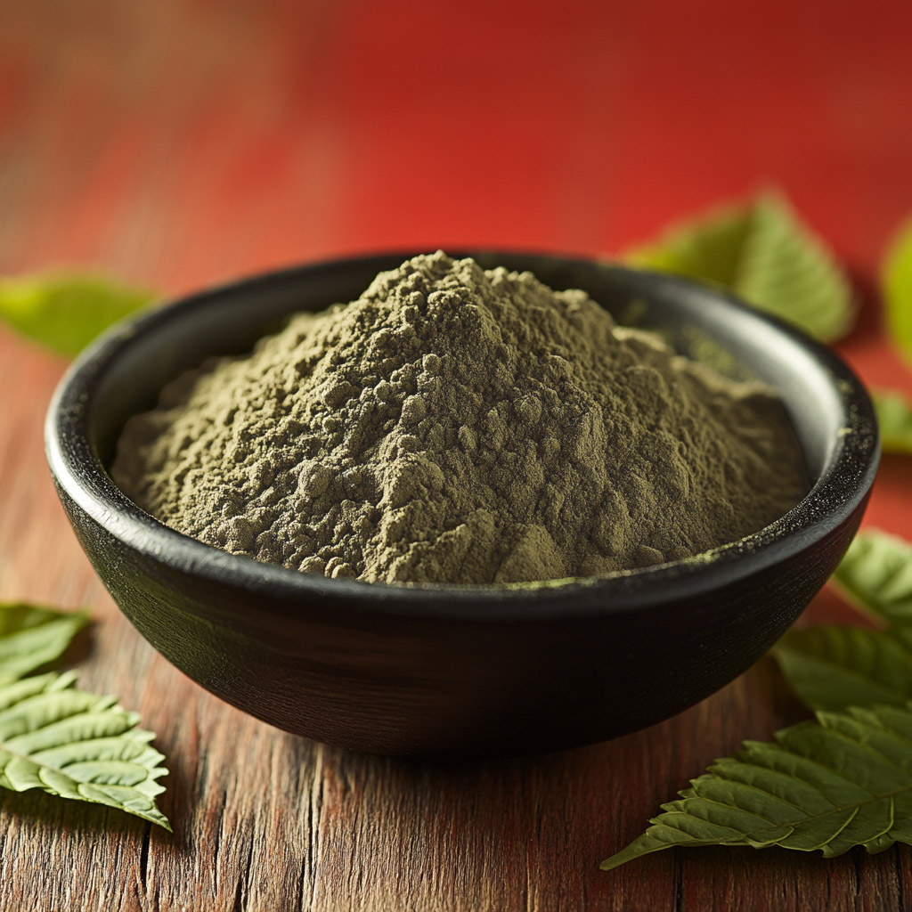 Red Maeng Da Kratom powder in a black bowl, surrounded by fresh kratom leaves on a wooden surface with a red background