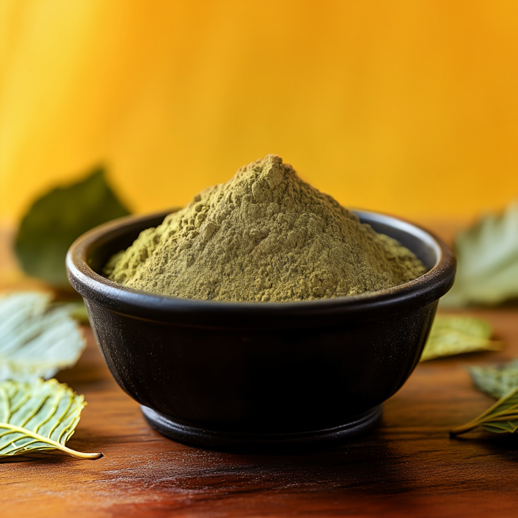 Yellow Maeng Da Kratom powder in a black bowl, surrounded by fresh kratom leaves on a wooden surface with a yellow background