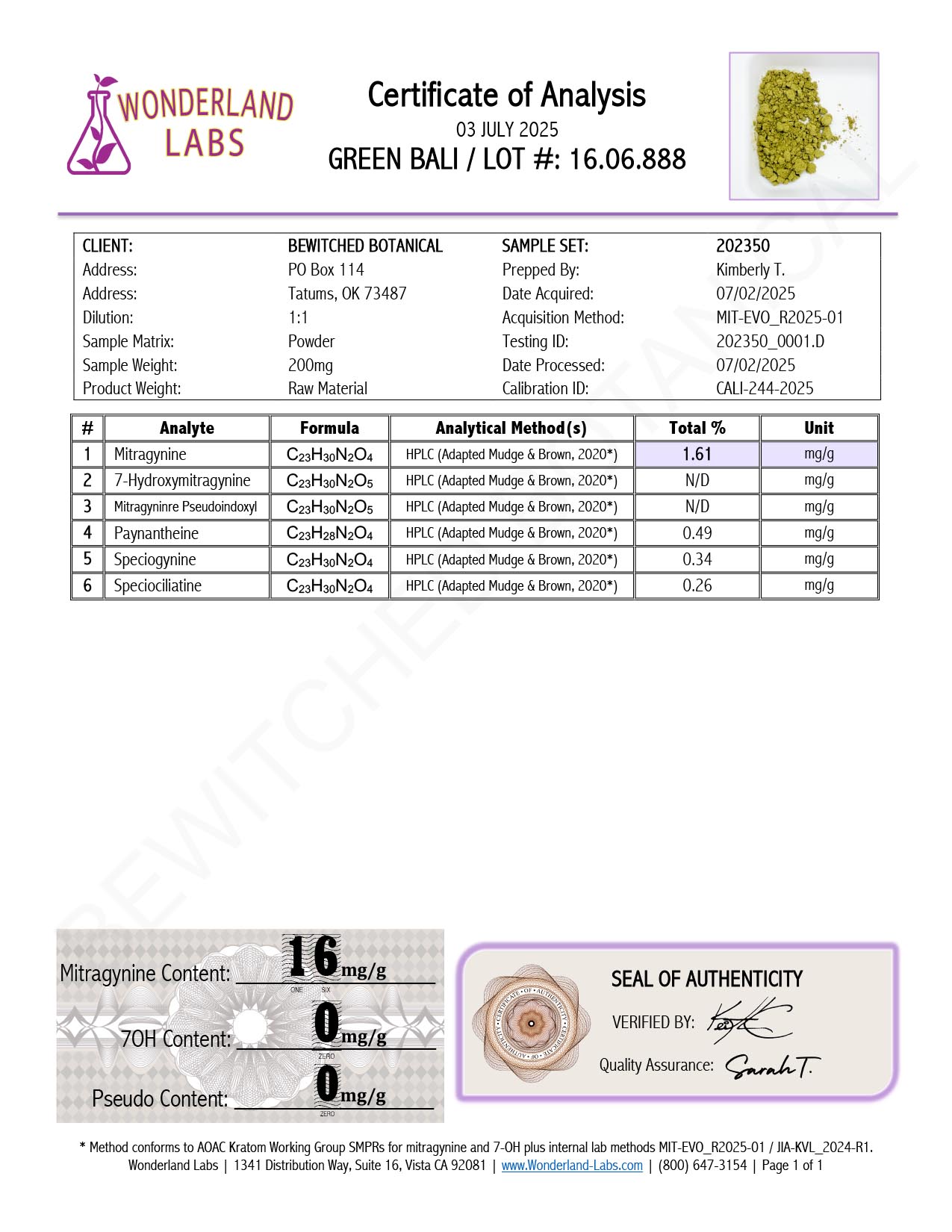 Certificate of Analysis for Green Bali Kratom Batch 16.06.888 from Wonderland Labs showing 1.61% Mitragynine