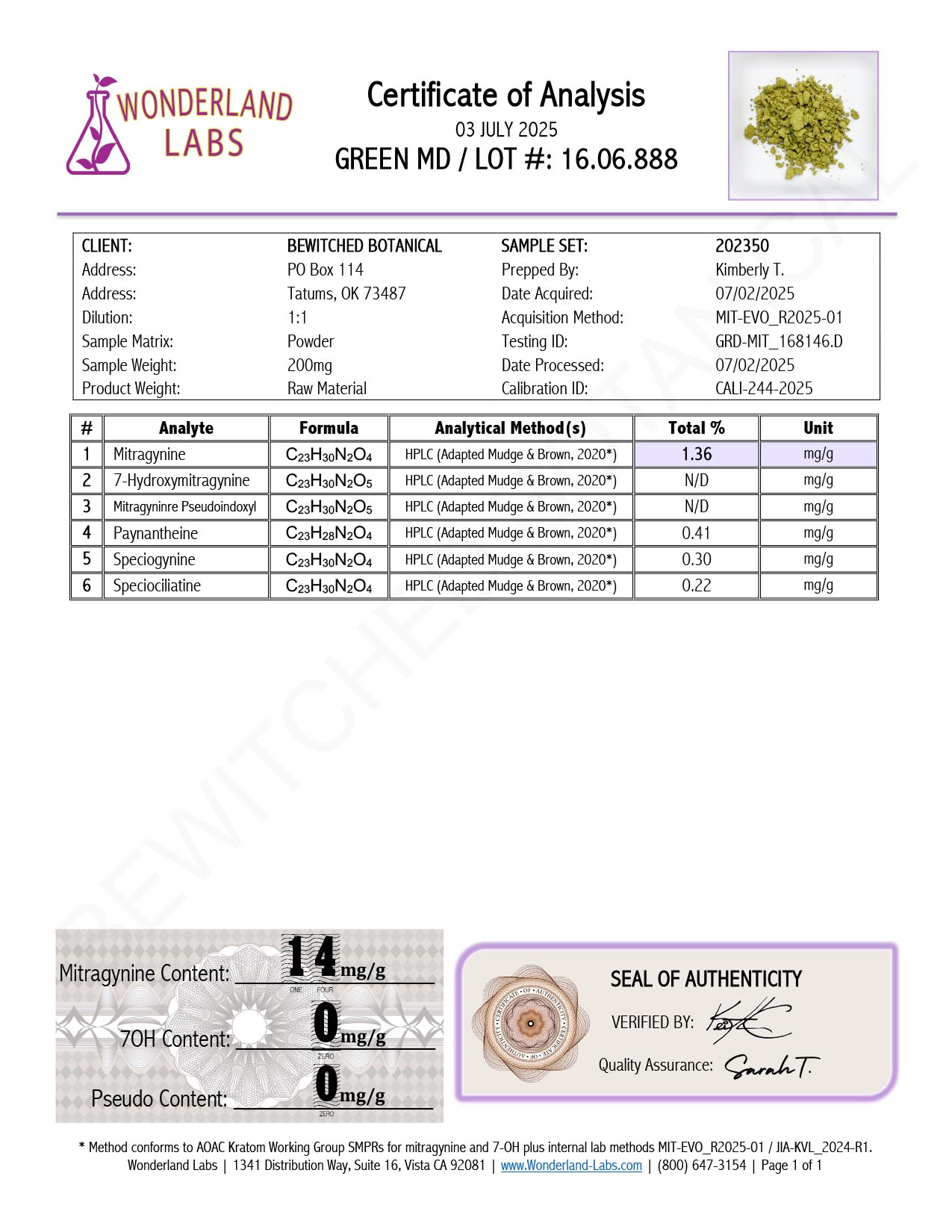 Certificate of Analysis for Green Maeng Da Kratom Batch 16.06.888 from Wonderland Labs showing 1.36% Mitragynine