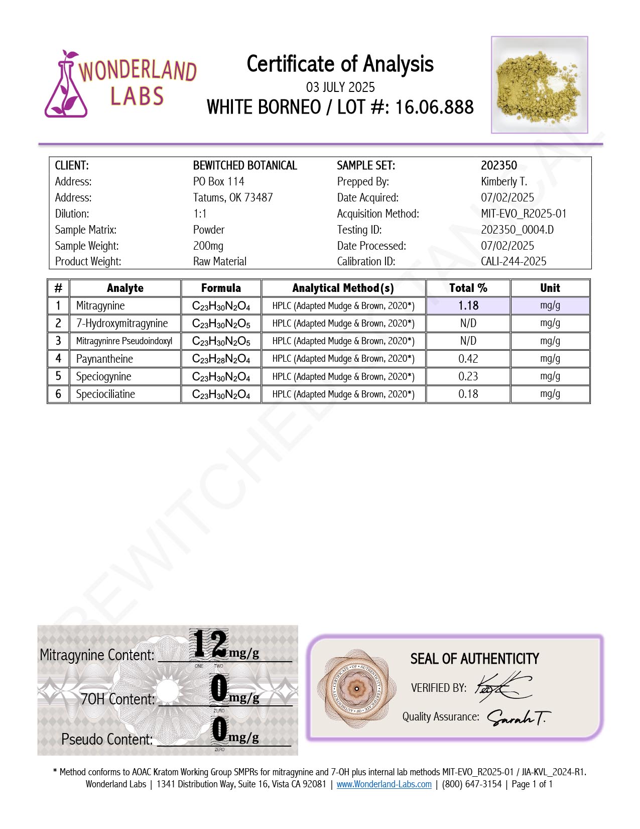 Certificate of Analysis for White Borneo Kratom Batch 16.06.888 from Wonderland Labs showing 1.18% Mitragynine