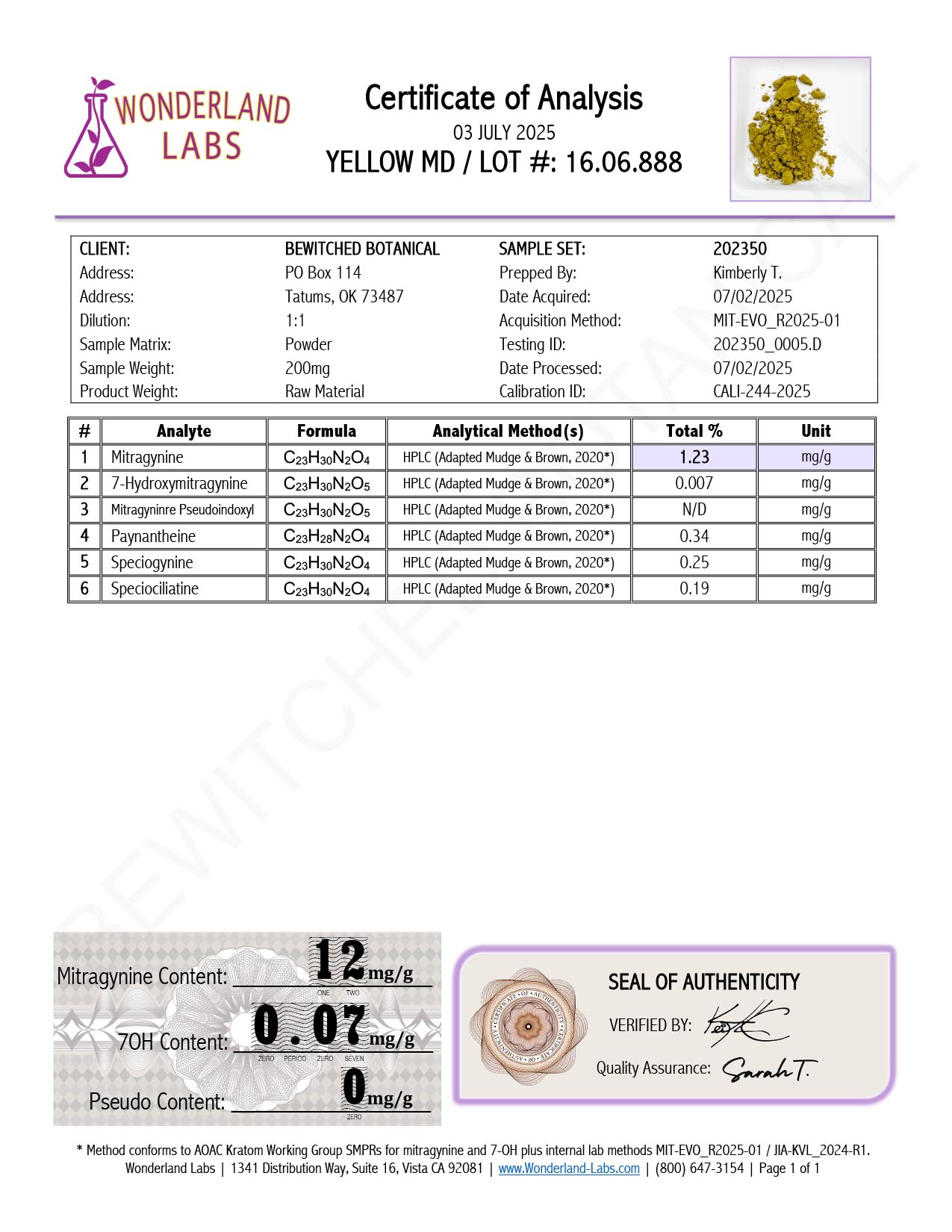 Certificate of Analysis for Yellow Maeng Da Kratom Batch 16.06.888 from Wonderland Labs showing 1.23% Mitragynine